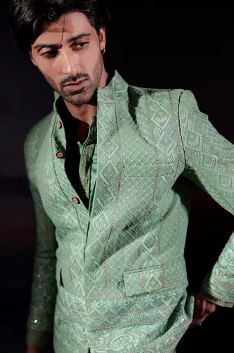 Green embroidered georgette bandhgala set