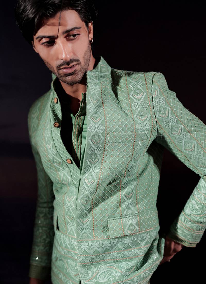 Green embroidered georgette bandhgala set