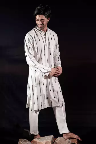 White embroidered silk kurta set