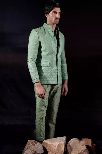 Green embroidered georgette bandhgala set