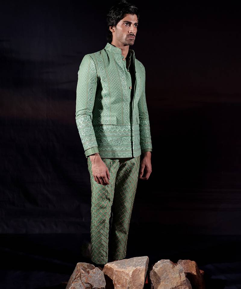 Green embroidered georgette bandhgala set