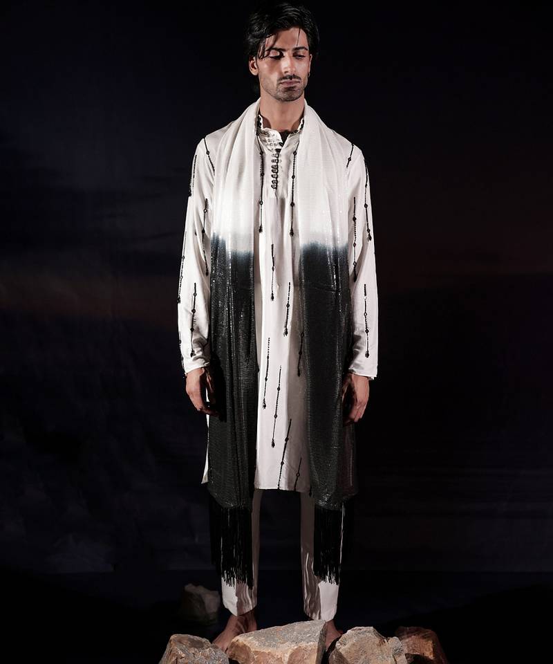 White embroidered silk kurta set