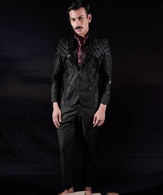 Black embroidered wool blazer set 1