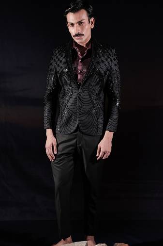 Black embroidered wool blazer set