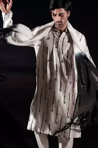 White embroidered silk kurta set