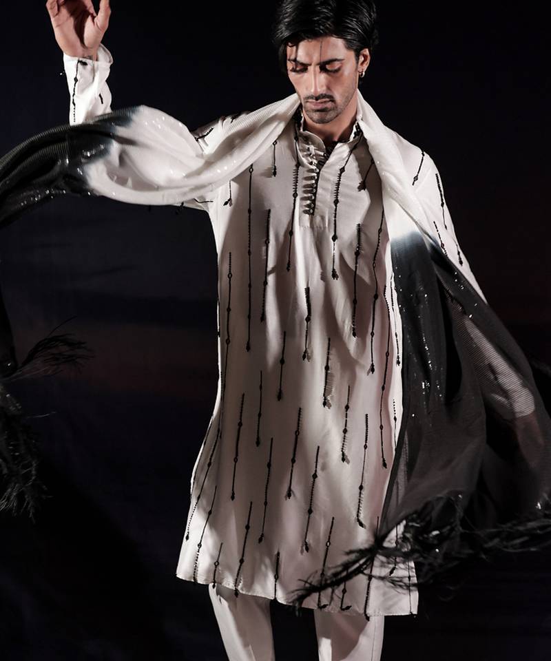 White embroidered silk kurta set