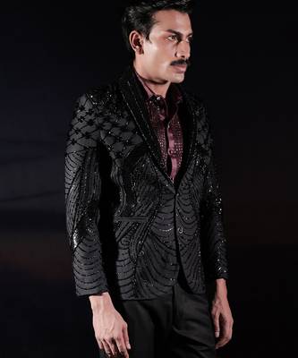 Black embroidered wool blazer set 2