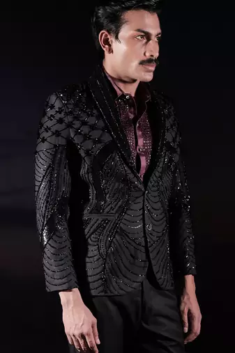 Black embroidered wool blazer set