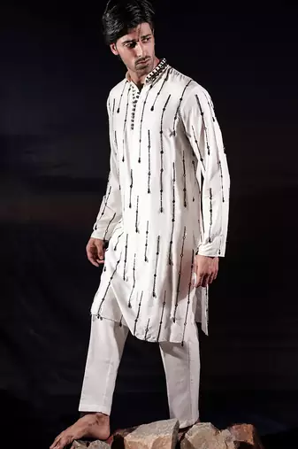 White embroidered silk kurta set