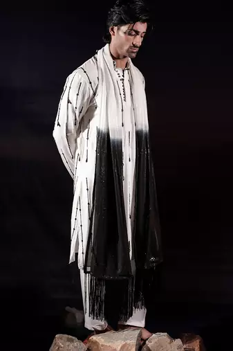 White embroidered silk kurta set