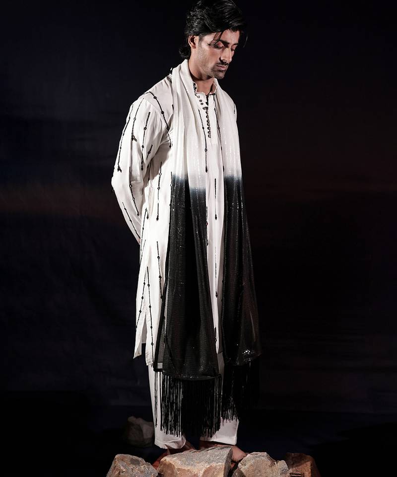 White embroidered silk kurta set