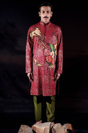 Red printed georgette kurta set