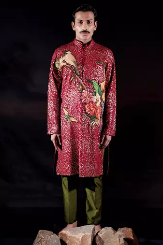 Red printed georgette kurta set