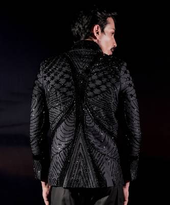 Black embroidered wool blazer set 3