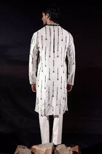 White embroidered silk kurta set