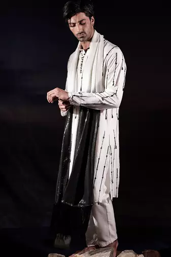 White embroidered silk kurta set