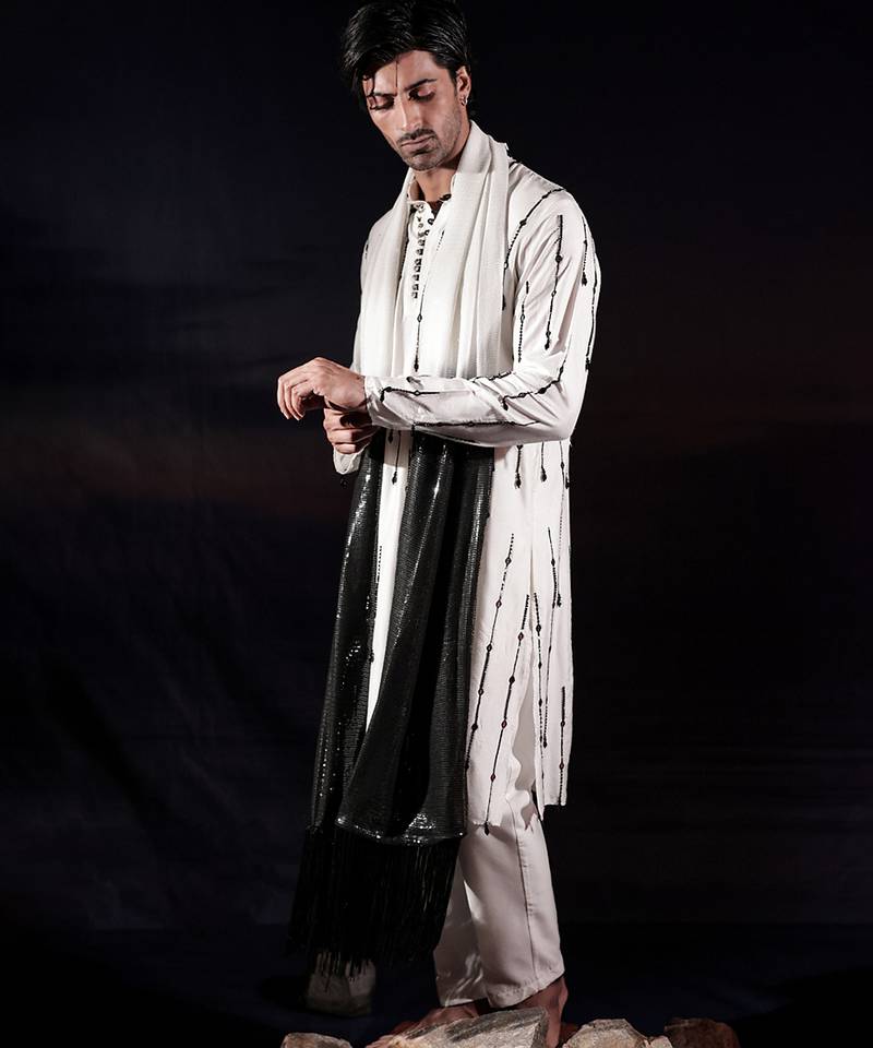 White embroidered silk kurta set