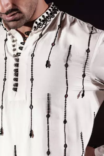 White embroidered silk kurta set