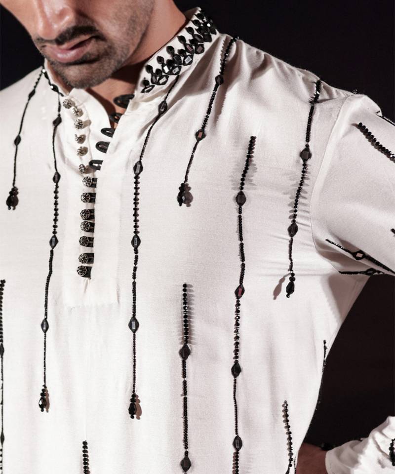 White embroidered silk kurta set