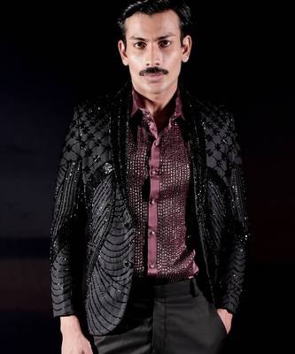 Black embroidered wool blazer set 5