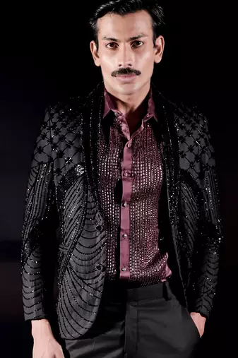 Black embroidered wool blazer set