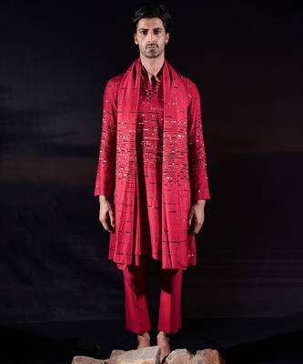 Red embroidered silk kurta set 1