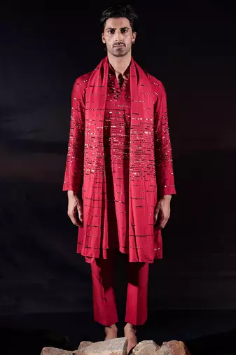 Red embroidered silk kurta set