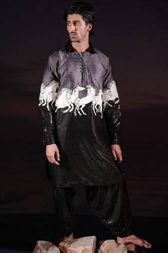 Black printed cotton silk kurta set