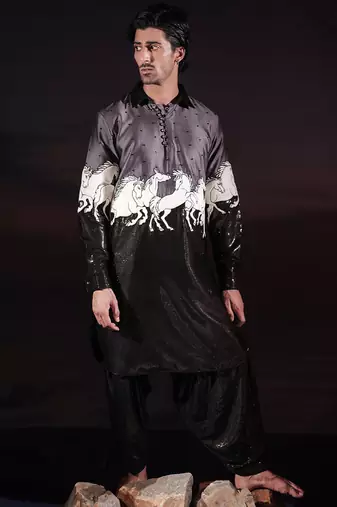 Black printed cotton silk kurta set