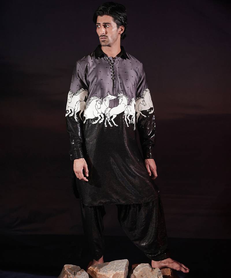 Black printed cotton silk kurta set