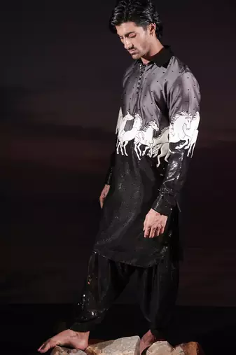 Black printed cotton silk kurta set