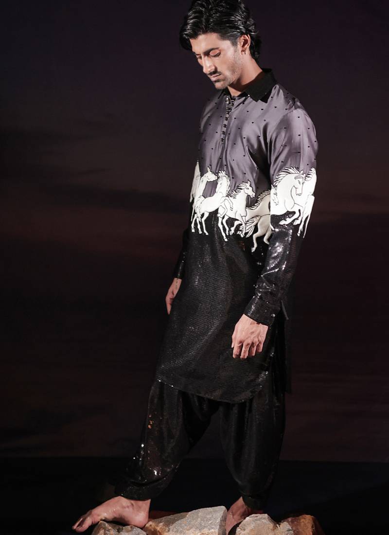 Black printed cotton silk kurta set