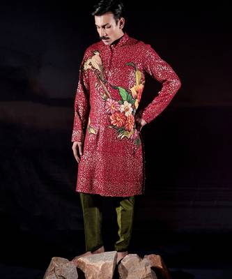 Red printed georgette kurta set 5