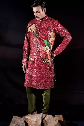 Red printed georgette kurta set