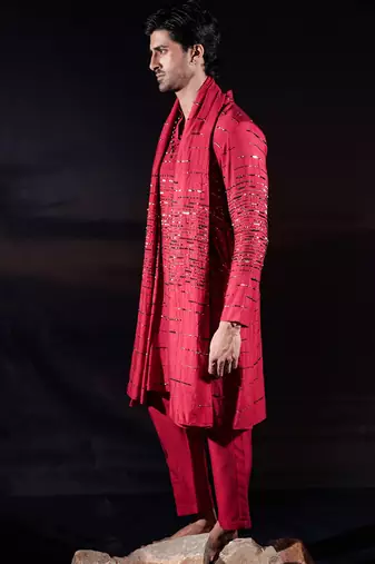 Red embroidered silk kurta set