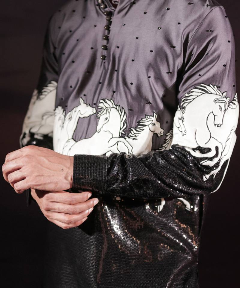 Black printed cotton silk kurta set