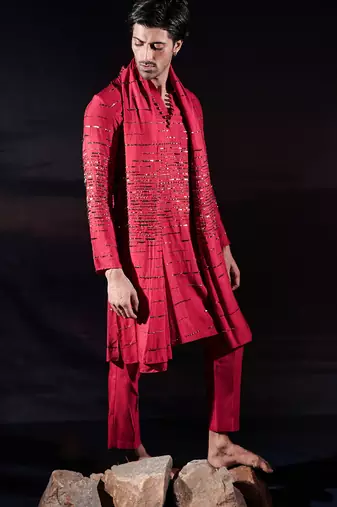 Red embroidered silk kurta set
