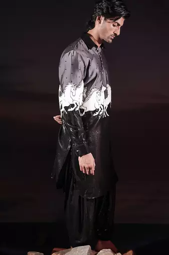 Black printed cotton silk kurta set