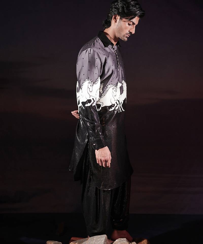 Black printed cotton silk kurta set