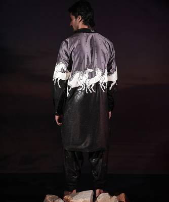 Black printed cotton silk kurta set 5