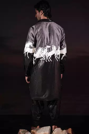 Black printed cotton silk kurta set