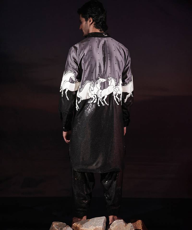 Black printed cotton silk kurta set