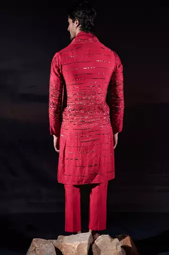 Red embroidered silk kurta set