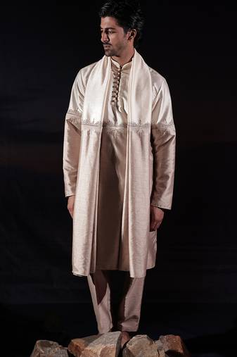 Beige plain dupion kurta set