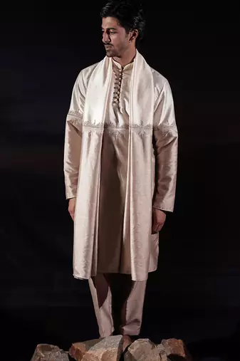 Beige plain dupion kurta set