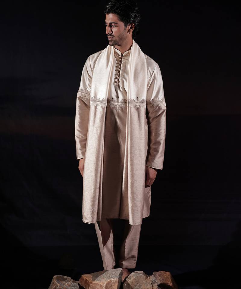 Beige plain dupion kurta set