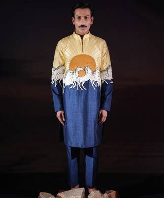 Blue printed dupion kurta set 1
