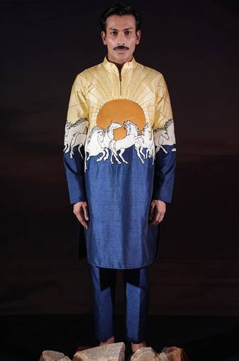 Blue printed dupion kurta set