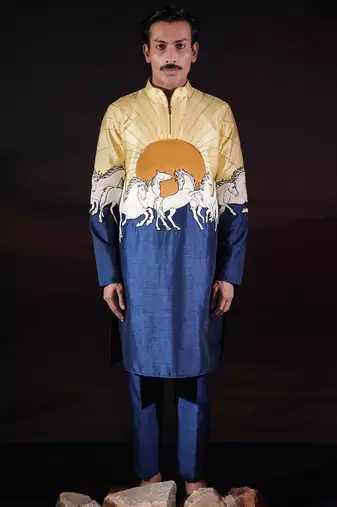 Blue printed dupion kurta set