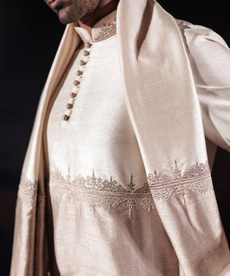 Beige plain dupion kurta set 3